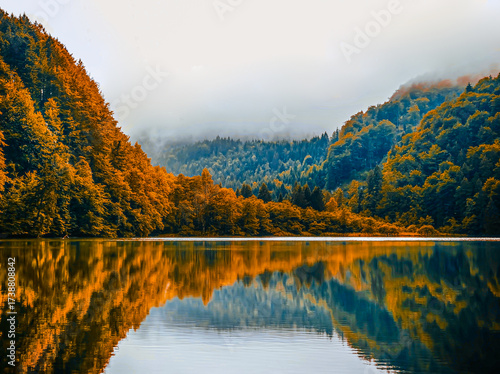 Wallpaper Mural Autumn Foliage Reflects on the Calm Water of a Mountain Lake on a Misty Morning Torontodigital.ca