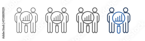 
outline icon set benchmark with two people and magnifying glass design