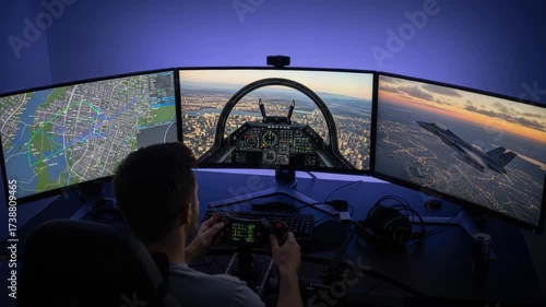 person plays flight simulation on triple-monitor setup with specialized controls The central screen shows cockpit view over city the left map and the right an exterior aircraft view at sunset