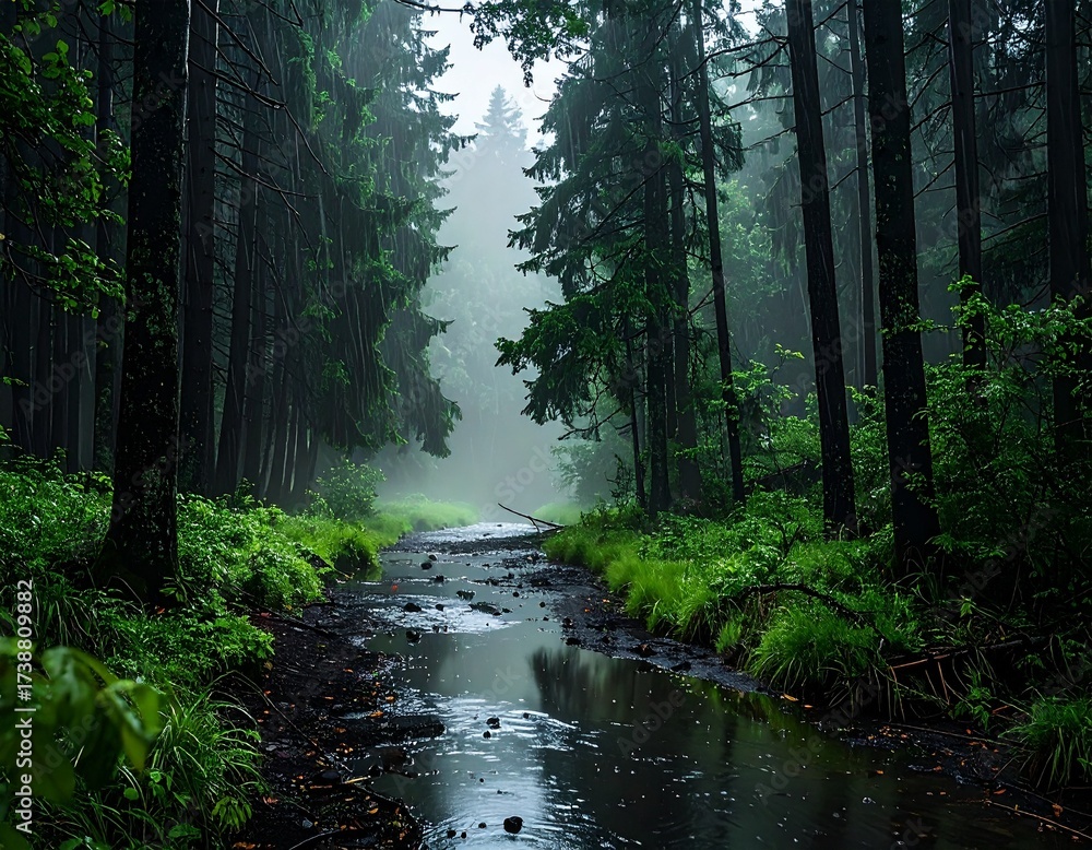 Obraz premium Realistic AI Photo of River Meandering Through Woodland in Early Morning