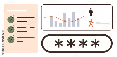 Checklist with check marks, graph chart with line and bar data, and password entry field. Ideal for data management, security, user settings, project planning, business strategy, analytics simple