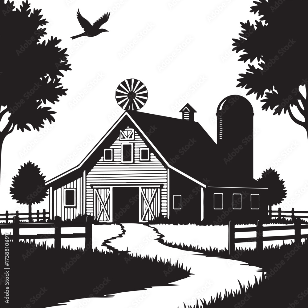 Obraz premium Black and white farm scene with barn silo and trees