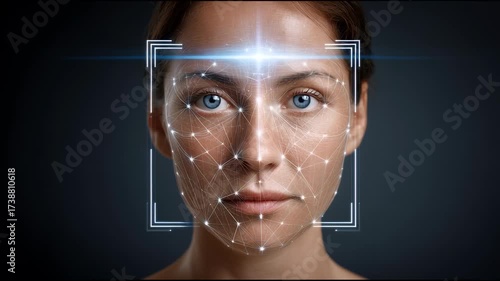 Futuristic headshot portrait of calm, serious woman face with blue eye under facial recognition scan, blending natural beauty with biometric security technology