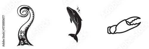 Marine Animal Icons Set: Octopus Tentacle, Whale, and Crab Claw