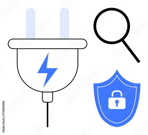 Electric plug with lightning bolt, blue shield with lock icon, magnifying glass. Ideal for security, energy, digital safety, audit, power usage protection efficient technology. Simple flat metaphor
