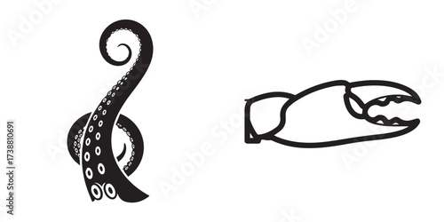Stylized Black and White Illustrations of a Marine Tentacle and a Crab Claw