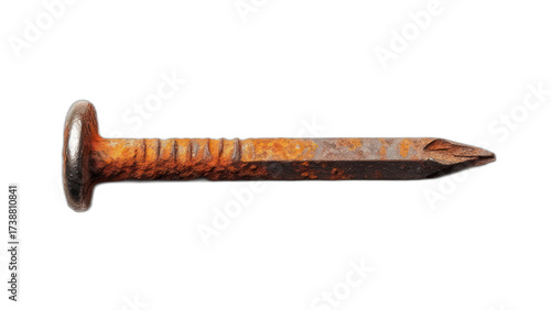 Close-up of a rusty nail against a black background, showing corrosion and detail