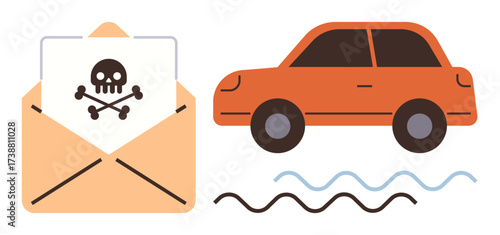 Open envelope with skull and crossbones, orange car, and wavy lines suggesting danger, risk, or hazard. Ideal for safety, automobile warnings, environmental awareness, accidents toxic materials