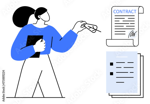 Professional woman holding a folder, analyzing and preparing to sign an official business contract. Ideal for business, partnership, agreement, legal, administration, negotiation, collaboration