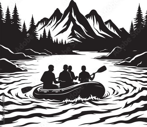 Black and white illustration of people rafting down a river with mountains