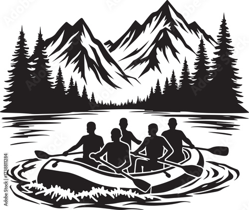 Black and white illustration of people rafting down a river with mountains and trees