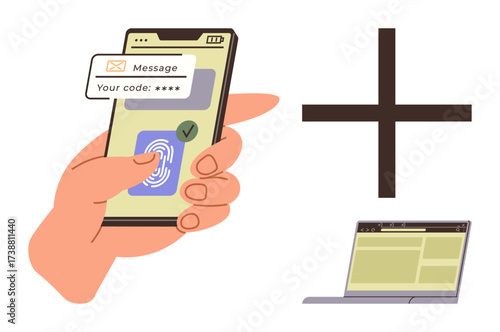Hand holding smartphone with fingerprint scan and security code interface, laptop, and plus sign. Ideal for security, technology, internet safety, login, access verification protection. Simple flat
