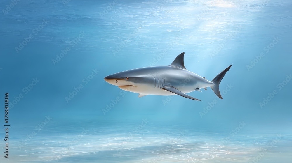 Obraz premium Peaceful marine life with shark concept, A majestic shark swimming gracefully in clear blue waters.