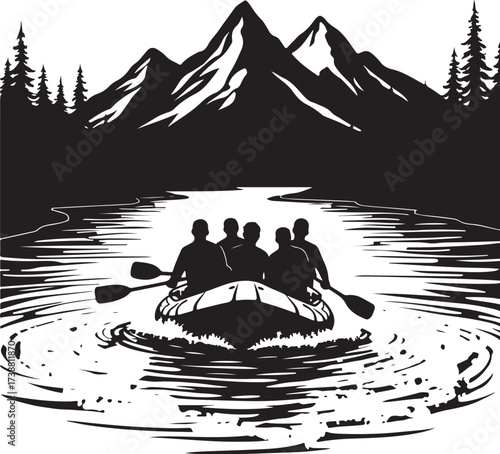 Black and white illustration of people rafting down a river with mountains