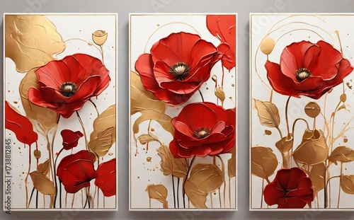 Triptych of vibrant red poppies with golden foliage on a textured white background