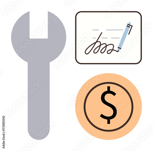 Wrench, signed document with pen, and dollar coin signify repair, professional contracts, and monetary transactions. Ideal for business, services, contracts, repair finance agreements simple flat