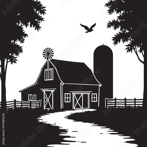 Black and white silhouette of a farm scene with barn silo and trees