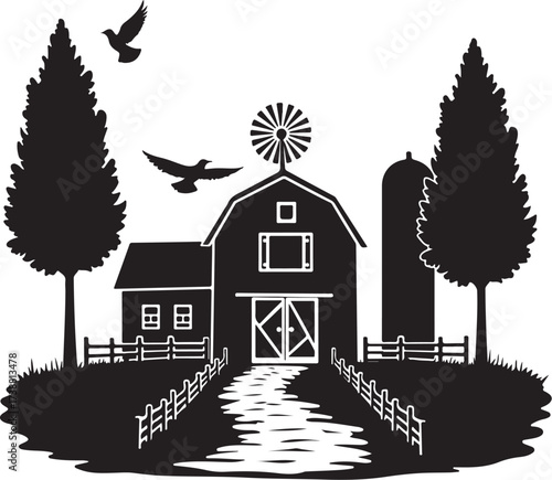 Black silhouette barn with silo windmill and trees