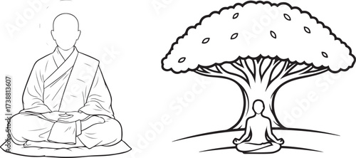 Line Art Illustration of Meditating Monk and Figure Under a Tree, Representing Spirituality and Peace