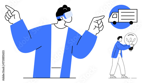 Man interacting with augmented reality wearing AR glasses, points logistics truck, man holding lightbulb. Ideal for technology, innovation, logistics, AR solutions, delivery, ideas simple flat