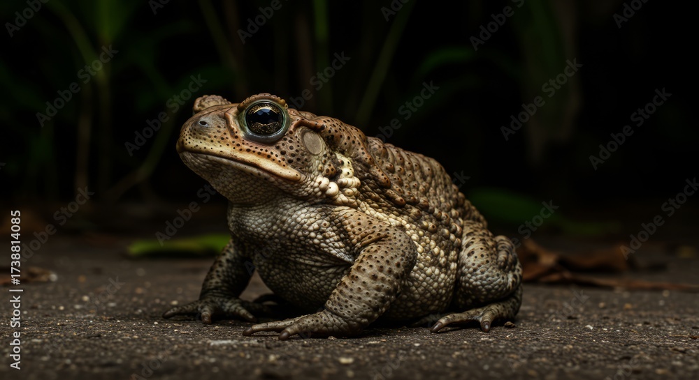 Fototapeta premium Cane toad resting on ground, large invasive amphibian species known for toxic skin and ecological impact, perfect for wildlife and nature themes.