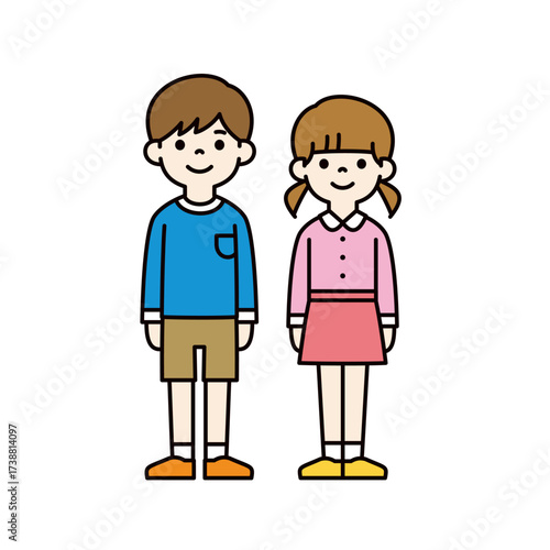 笑顔の幼稚園児・小学生の男の子と女の子のシンプルな全身ベクターイラスト素材