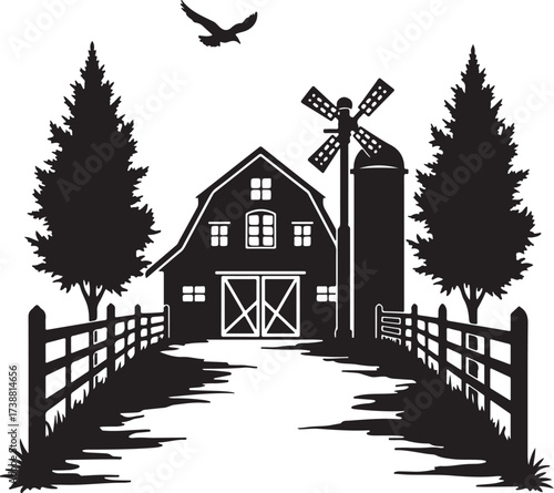 Black silhouette of a barn with windmill and trees