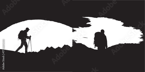 Silhouetted Hikers Trekking Through a Black and White Mountain Landscape