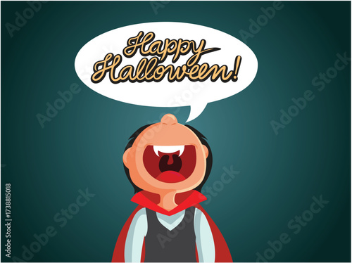 Little Boy Dressed as a Vampire on Halloween Vector Invitation Card. Funny kid dressed as a monster for carnival costume party