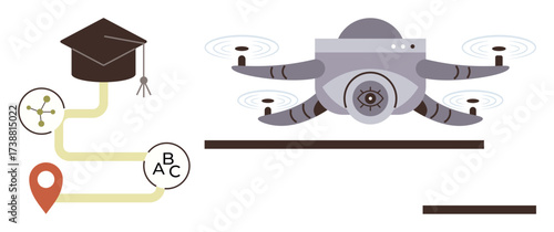 quadcopter with camera surrounded by educational elements thumbs up graduation cap, navigation path, and nodes. Ideal for education, innovation, technology, learning, mapping, guidance futuristic