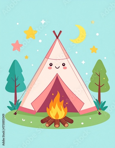Cute Kawaii Cartoon of Tent and Campfire with Happy Trees and Stars