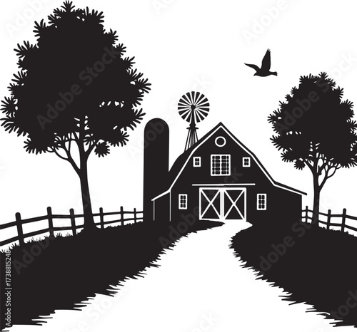 Black silhouette of a farm scene with barn silo windmill and trees
