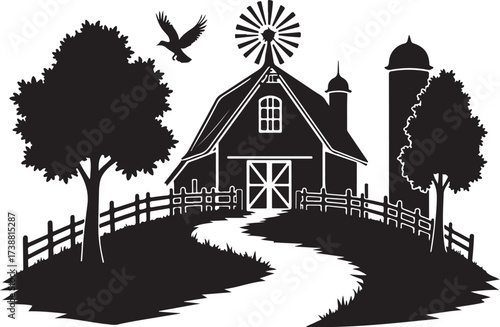 Black silhouette of a farm scene with barn silo windmill and trees