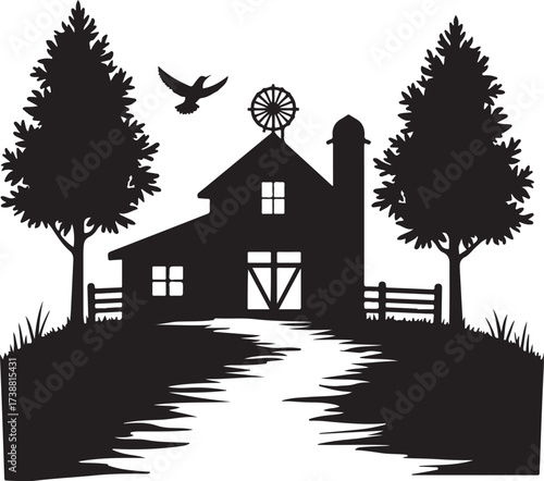 Black silhouette of a farm scene with barn trees and bird