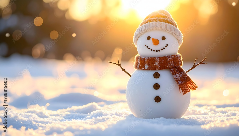 Fototapeta premium Charming Snowman with Scarf and Hat Enjoying a Snowy Winter Day