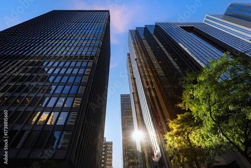 Scenic Toronto financial district skyline in the city downtown near Yonge and King intersection, Stock Exchange and banking plaza