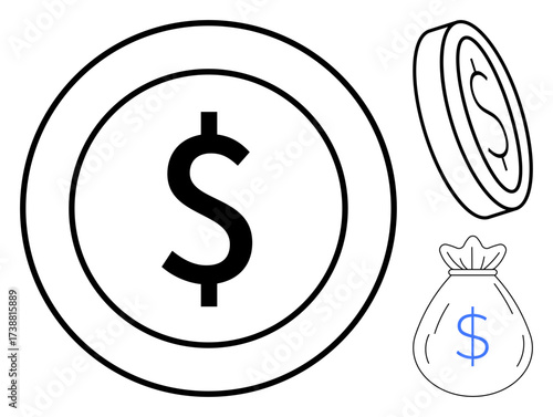 Coin with dollar sign, tilted coin, and money bag symbolizing finance, savings, budgeting, wealth, investments, banking and economic growth. Ideal for simple flat metaphor