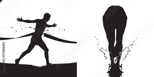 Dynamic Sports Silhouettes: Runner Breaking Finish Line and Diver Splashing into Water