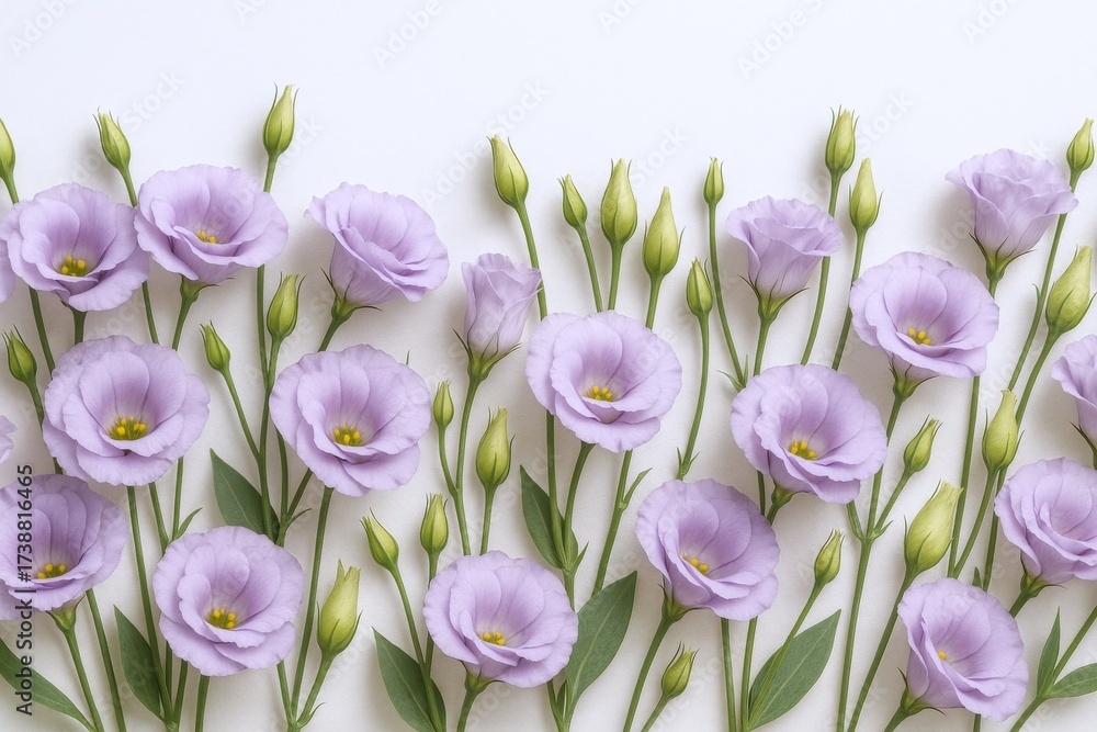 Obraz premium Delicate Purple Eustoma Flowers on White Background - Freshness, Beauty, and Floral Arrangement
