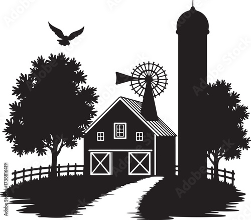 Black silhouette of a farm with barn silo windmill and trees