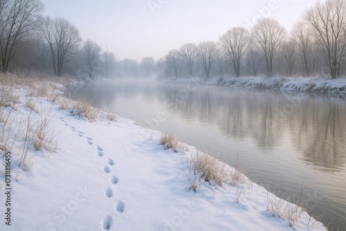 Wallpaper Mural Serene Winter River Landscape with Fog, Snow-Covered Banks, Footprints and Bare Trees in a Misty Morning Torontodigital.ca