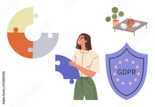 Woman with puzzle piece, shield with GDPR, partial puzzle, and desk with papers and decor. Ideal for data privacy, regulation, organization, teamwork, compliance problem-solving simple flat