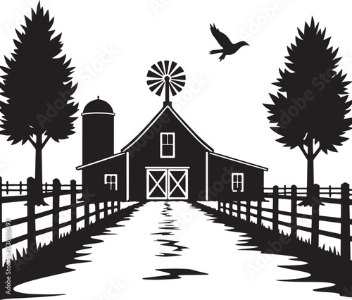 Black silhouette of a farm with barn silo windmill and trees