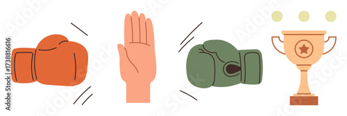 Boxing gloves in opposition, hand showing a stop gesture, and a gold trophy symbolize conflict, resolution, and achievement. Ideal for teamwork, competition, mediation, success goal-setting