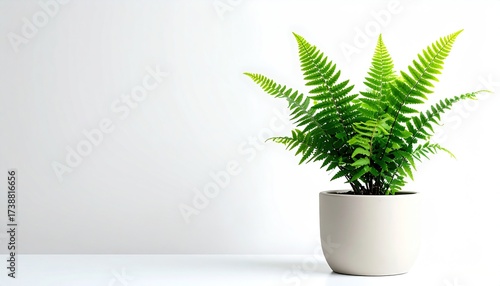 Lush green fern plant in a modern white pot against a clean backdrop, perfect for home decor and interior design projects