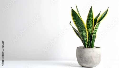 Stylish Sansevieria plant in modern concrete pot against clean white backdrop, perfect for home decor and minimalist design concepts