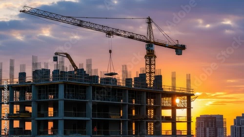 sunset casts an orange glow over multi-story building under construction A large tower crane lifts materials workers silhouettes visible on the concrete frame against the colorful sky