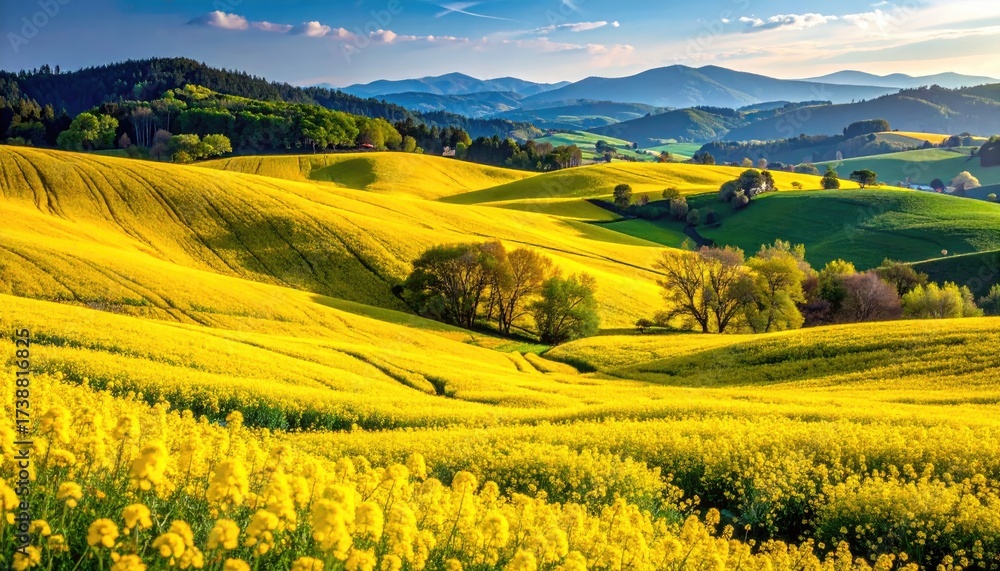 Fototapeta premium Scenic Golden Hour Landscape with Yellow Wildflower Field and Rolling Green Hills Under a Dramatic Cloudscape at Sunset