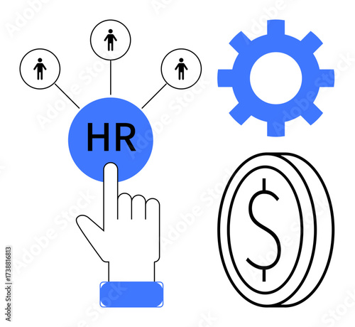 Hand pointing to HR button connected to people icons, gear symbol, and dollar coin outline. Ideal for HR, recruitment, payroll, business strategy, decision-making organization leadership. A simple