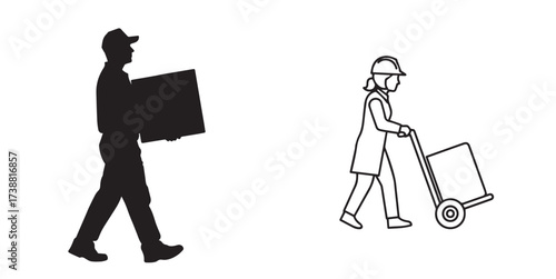 Delivery and Logistics Icons: Person Carrying Box and Person Pushing Dolly